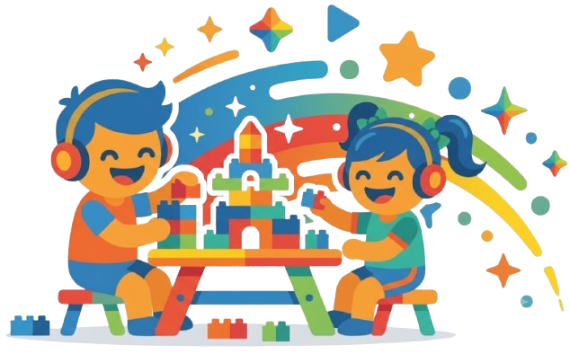 Mascotes brincando com blocos